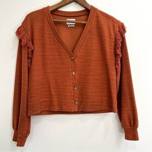 Saylor v-neck cardigan sweater burnt orange fringe accents size medium